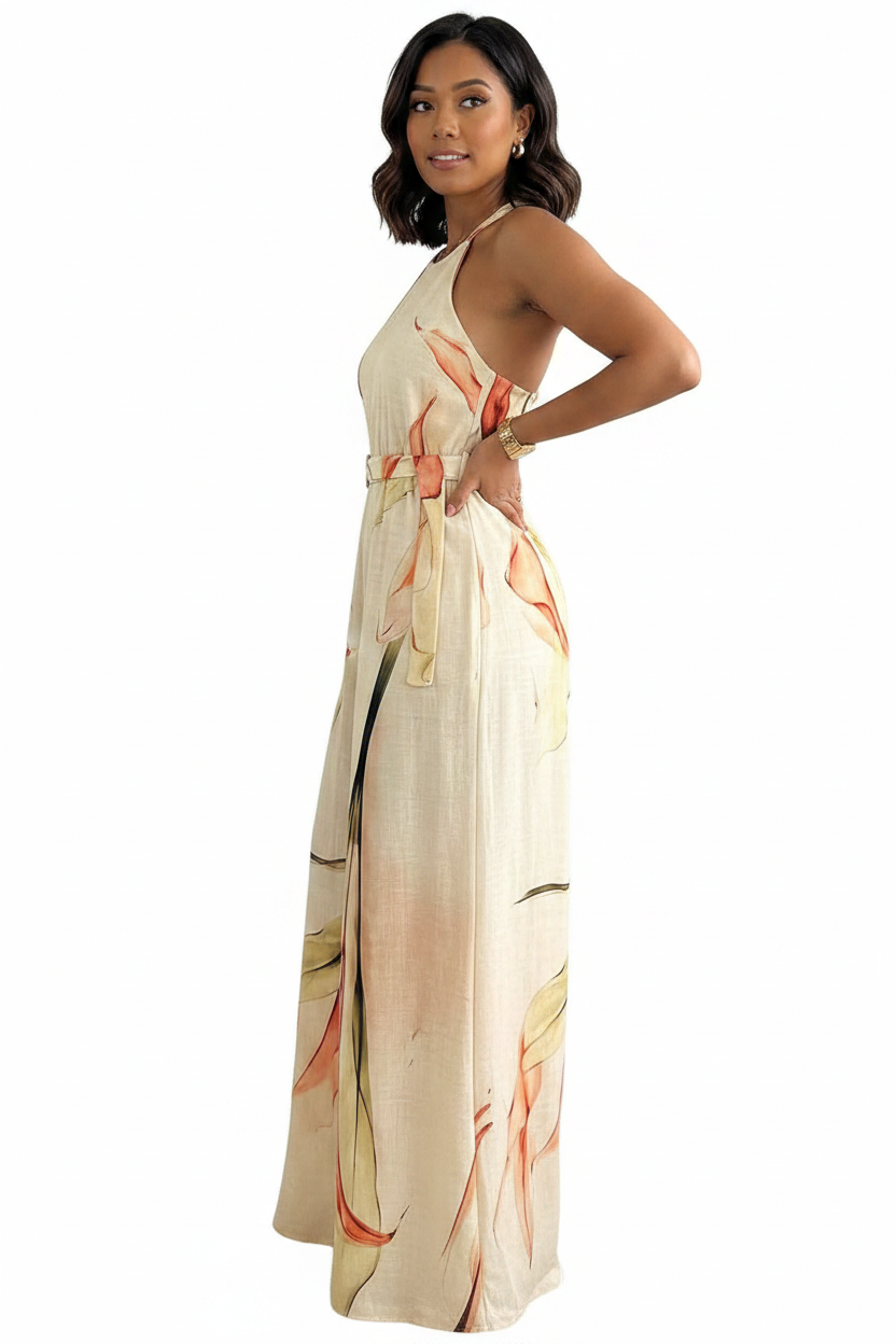 Elegant Floral Print Wide Leg Jumpsuit with Pockets & Adjustable Strap