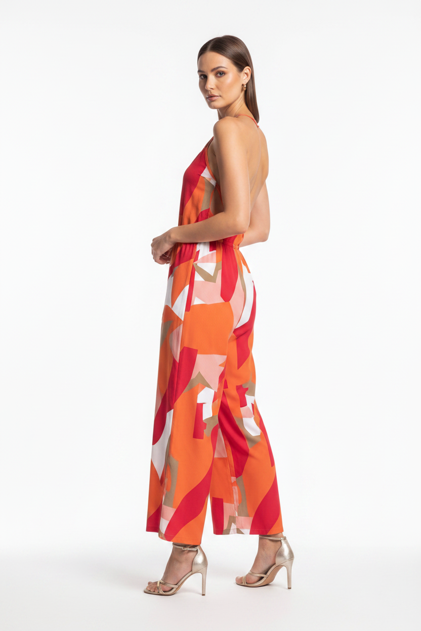 Stylish Geometric Print Halter Jumpsuit with Adjustable Straps & Pocket