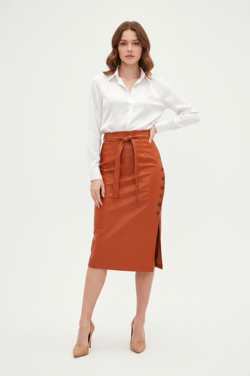 Black Midi Skirt Sleek Pencil Silhouette High Waisted Everyday Work Texture PU Leather