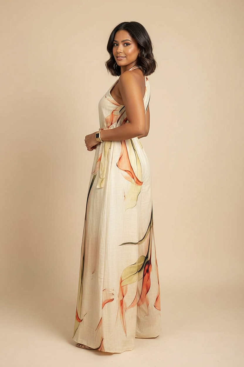 Elegant Floral Print Wide Leg Jumpsuit with Pockets & Adjustable Strap