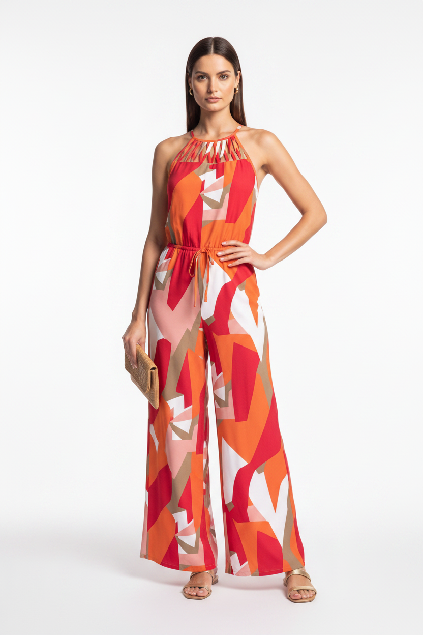 Stylish Geometric Print Halter Jumpsuit with Adjustable Straps & Pocket