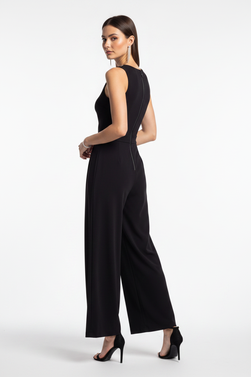 Elegant Pleated Wide-Leg Jumpsuit with Adjustable Waist & Pockets
