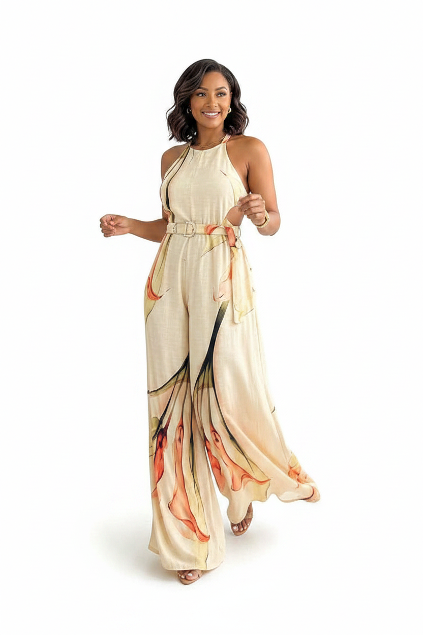 Elegant Floral Print Wide Leg Jumpsuit with Pockets & Adjustable Strap