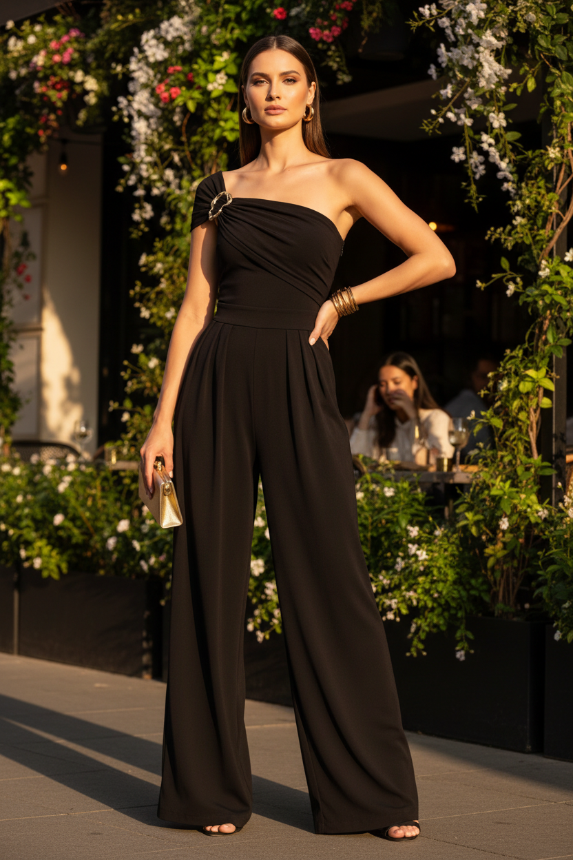 Elegant High-Waisted Wide Leg Jumpsuit with Pockets & Belted Waist