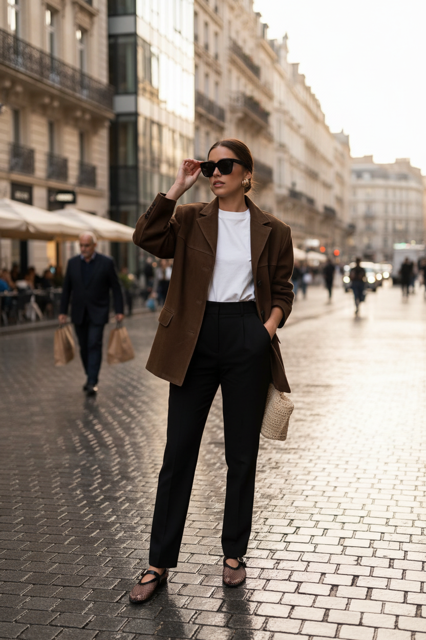 Elegant Brown Tailored Blazer with Padded Shoulders and Slim Fit