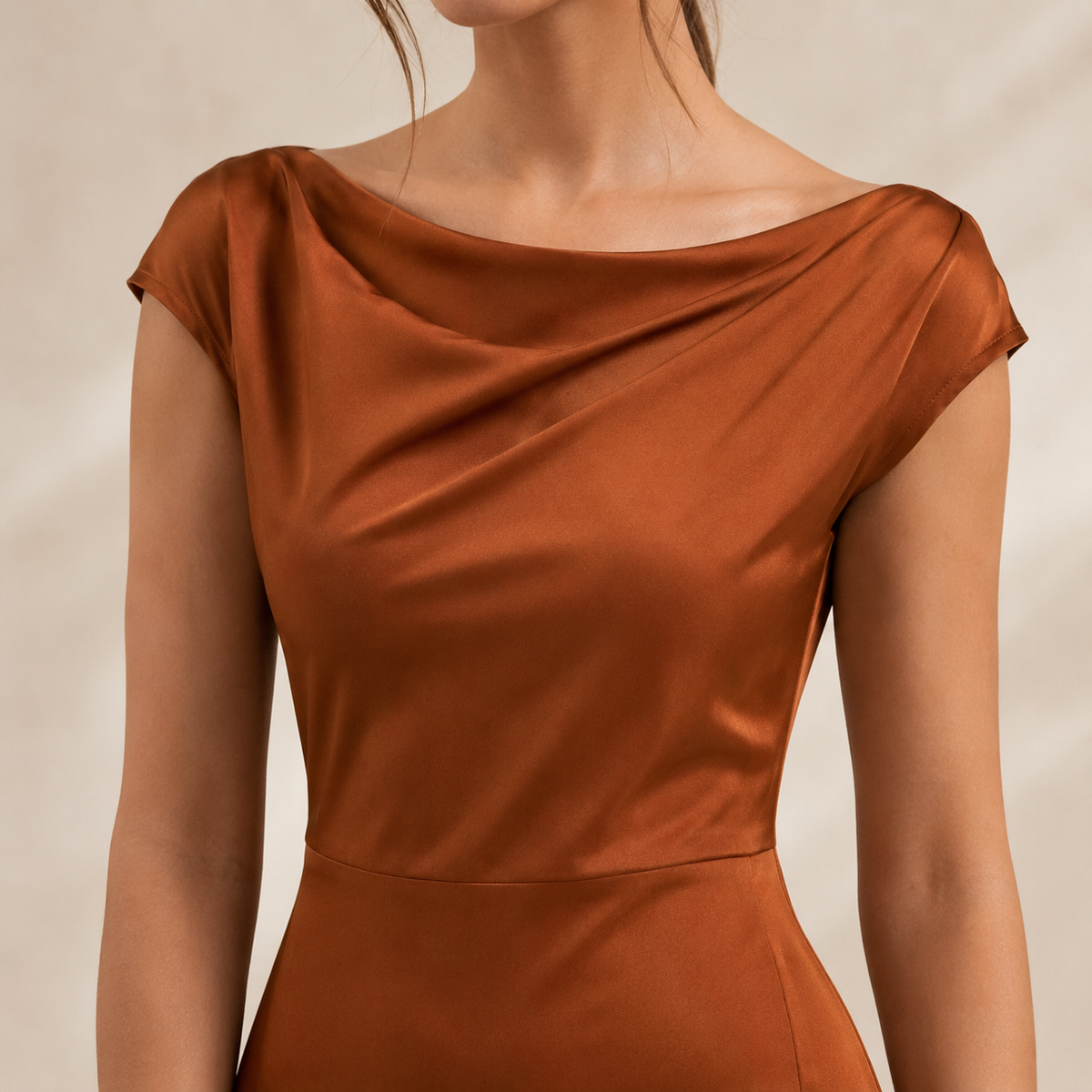 Satin Cowl Neck Cap Sleeve High Split Midi Dress 17