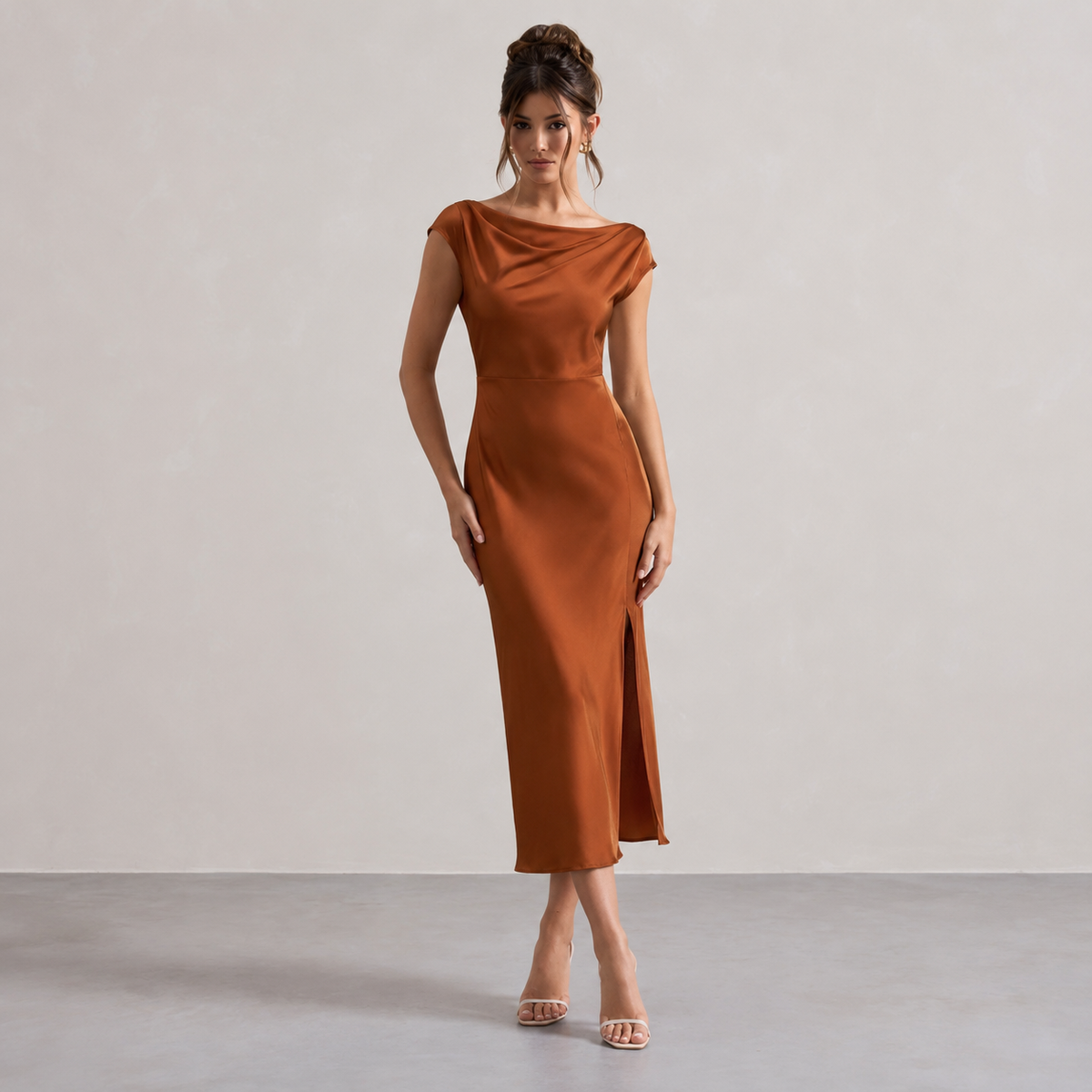 Satin Cowl Neck Cap Sleeve High Split Midi Dress 16