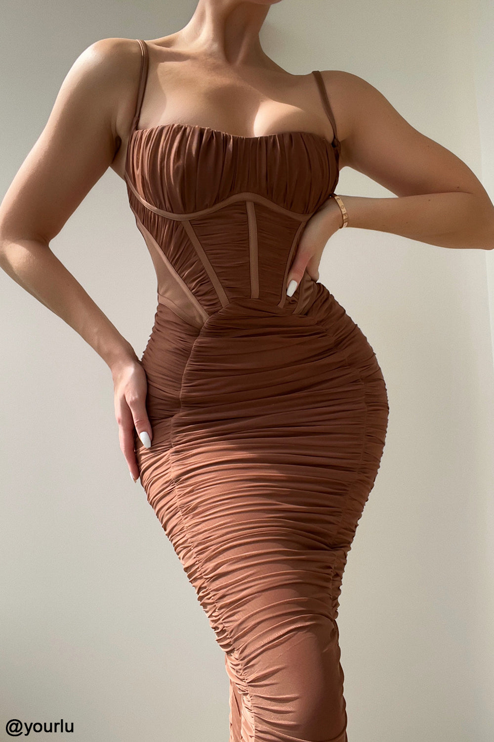 Mesh Cami Corset Ruched Bodycon Maxi Dress 6