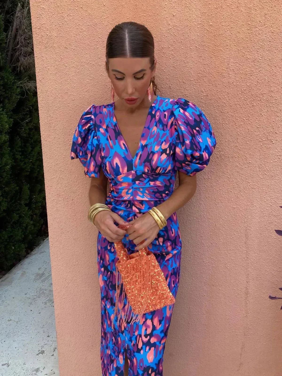 Arielle - Colorful One-Shoulder Geometric Midi Dress Purple Blue