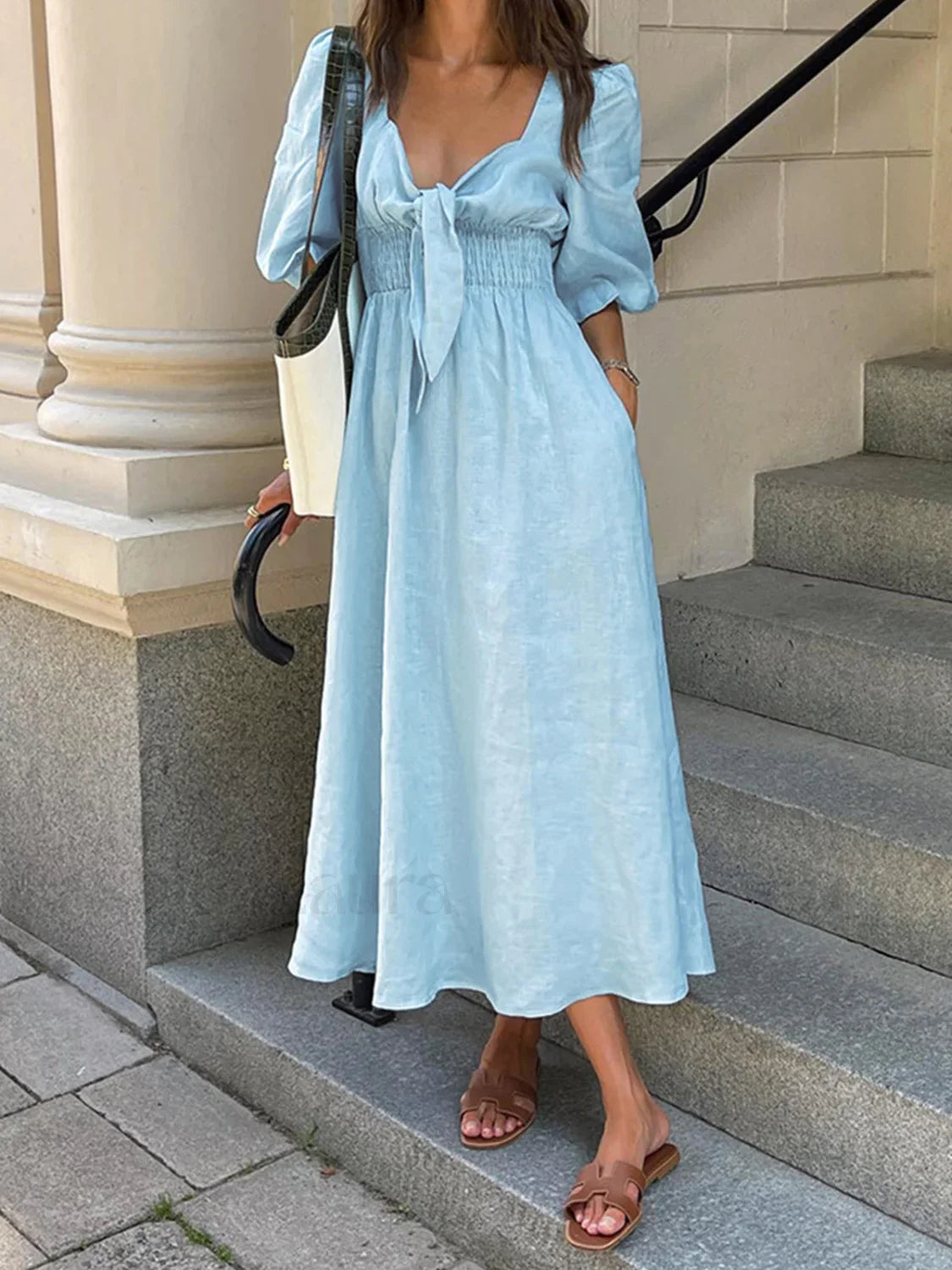 Linen Cotton Front Trendy Tie Midi Dress