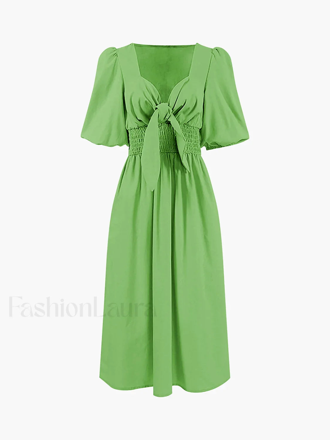 Linen Cotton Front Trendy Tie Midi Dress Green / XS Dresses