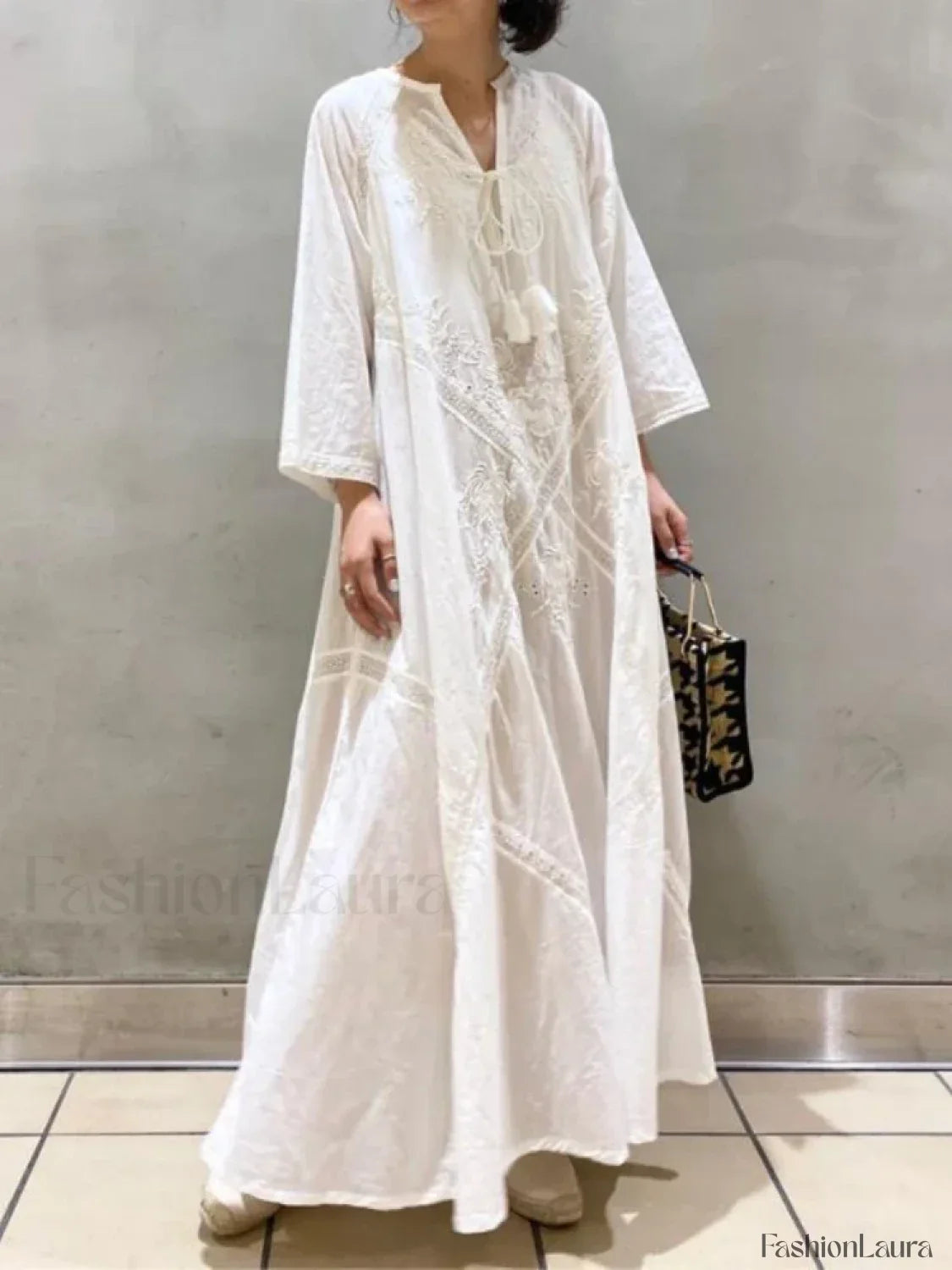 Linen Lace-Up White Boho Dress