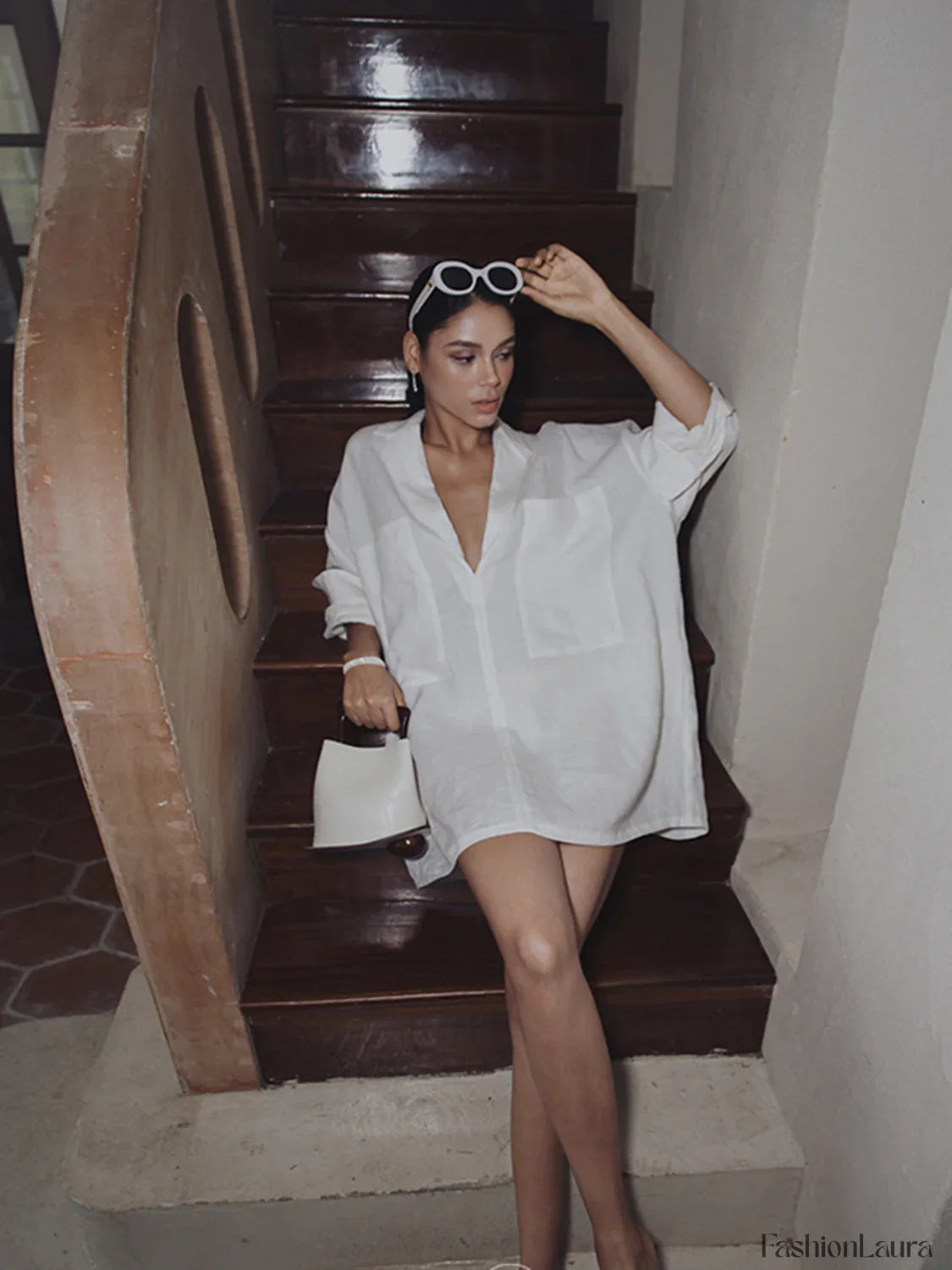 Linen Pockets Semi-Sheer Long Sleeve Dress