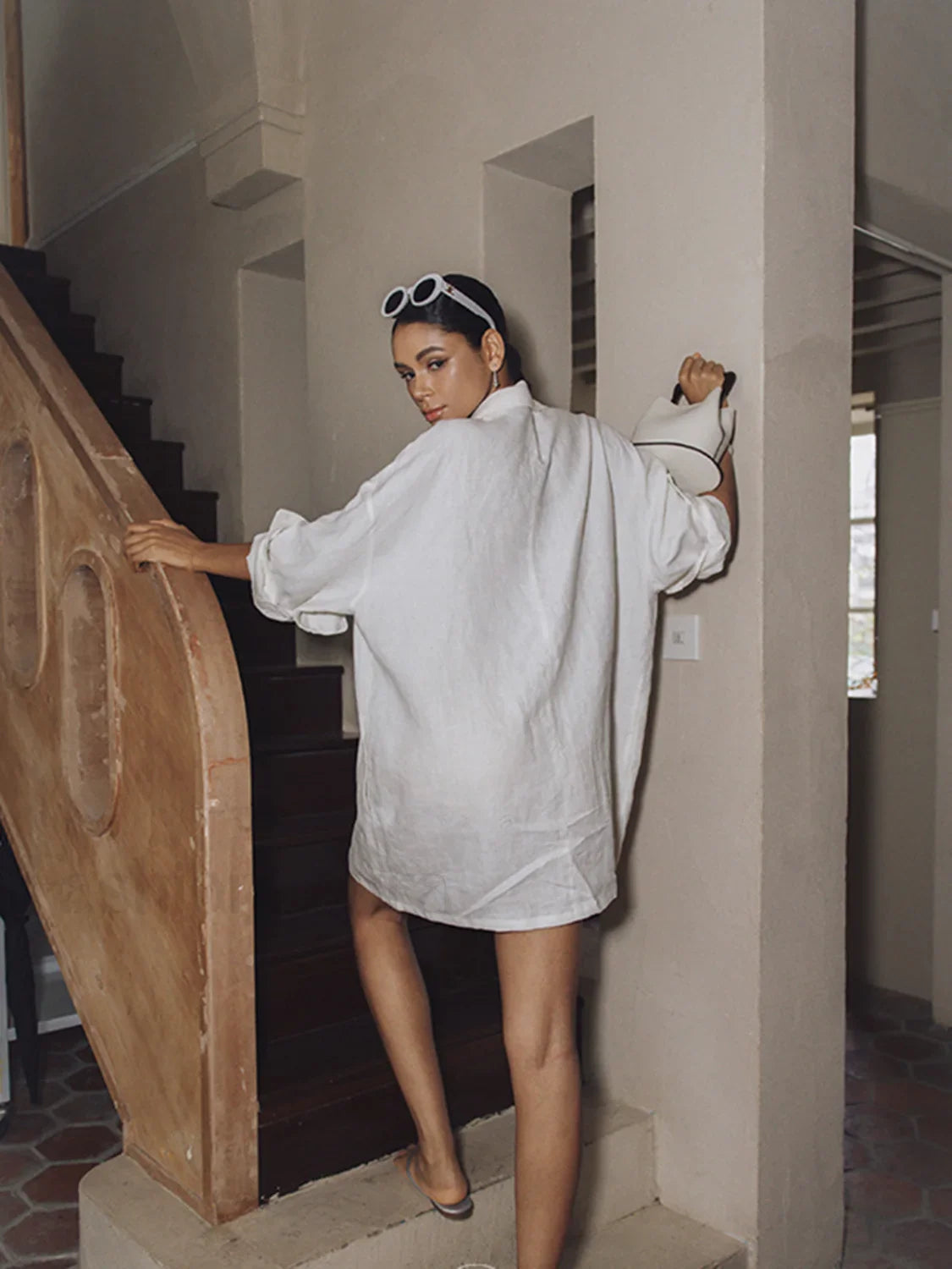 Linen Pockets Semi-Sheer Long Sleeve Dress