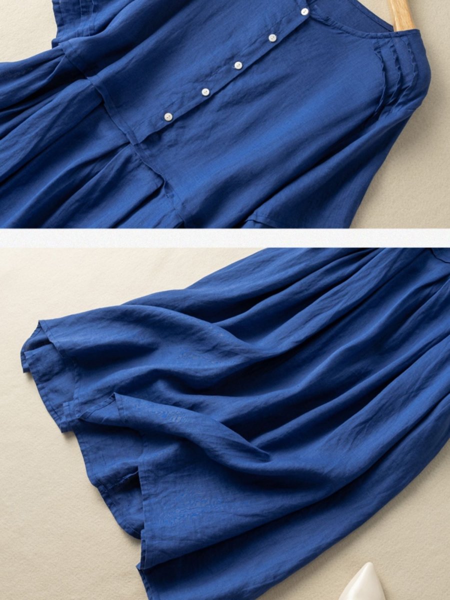 Ramie Linen Round Neck Shirt Dress Short Sleeve