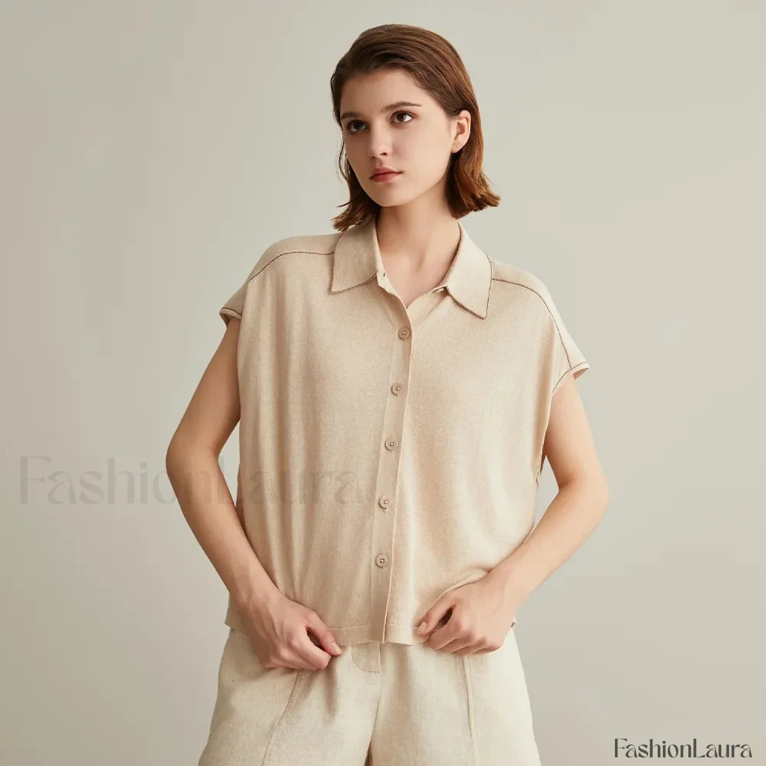 Linen Silk Polo Knitted Cardigan T-Shirt