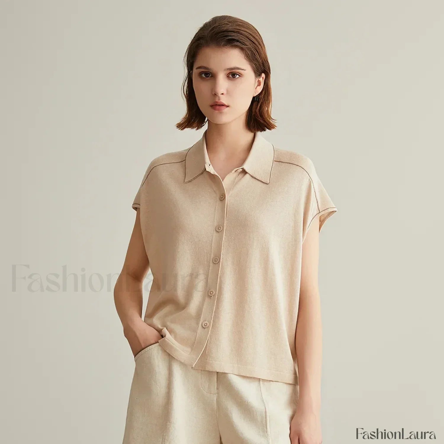 Linen Silk Polo Knitted Cardigan T-Shirt