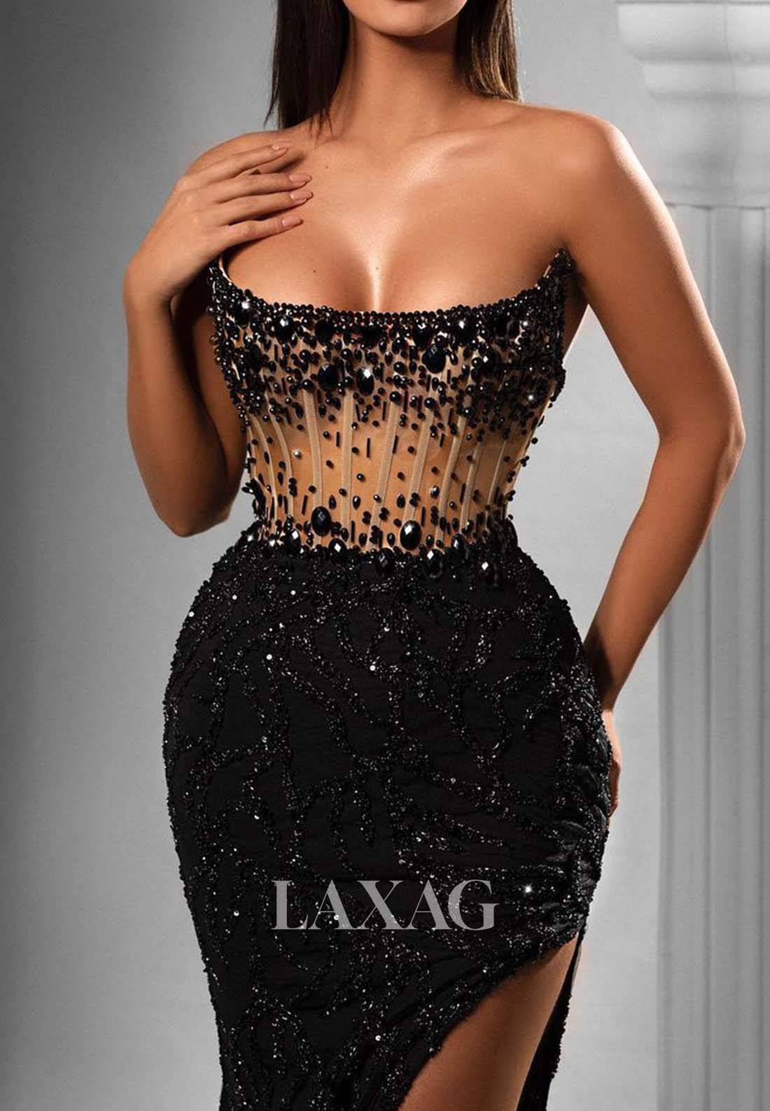 Strapless Beaded Sequined Pleated Evening Gowns Scoop-Neck Sleeveless Mermaid Prom Dress