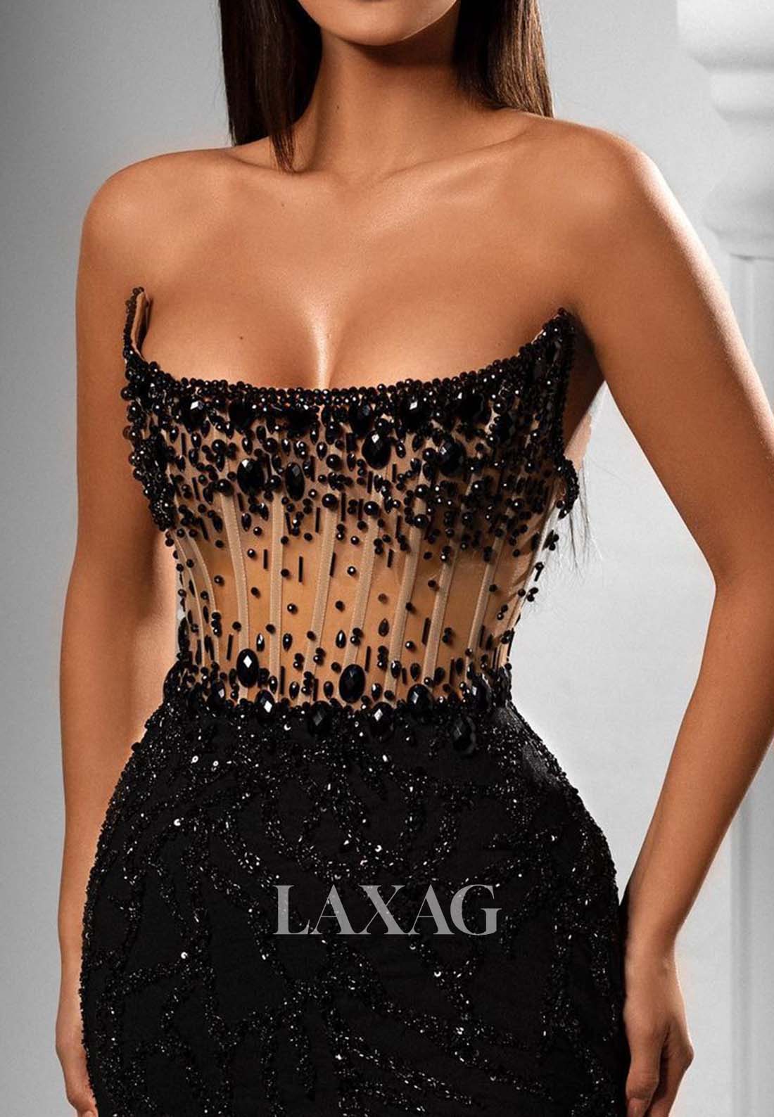 Strapless Beaded Sequined Pleated Evening Gowns Scoop-Neck Sleeveless Mermaid Prom Dress