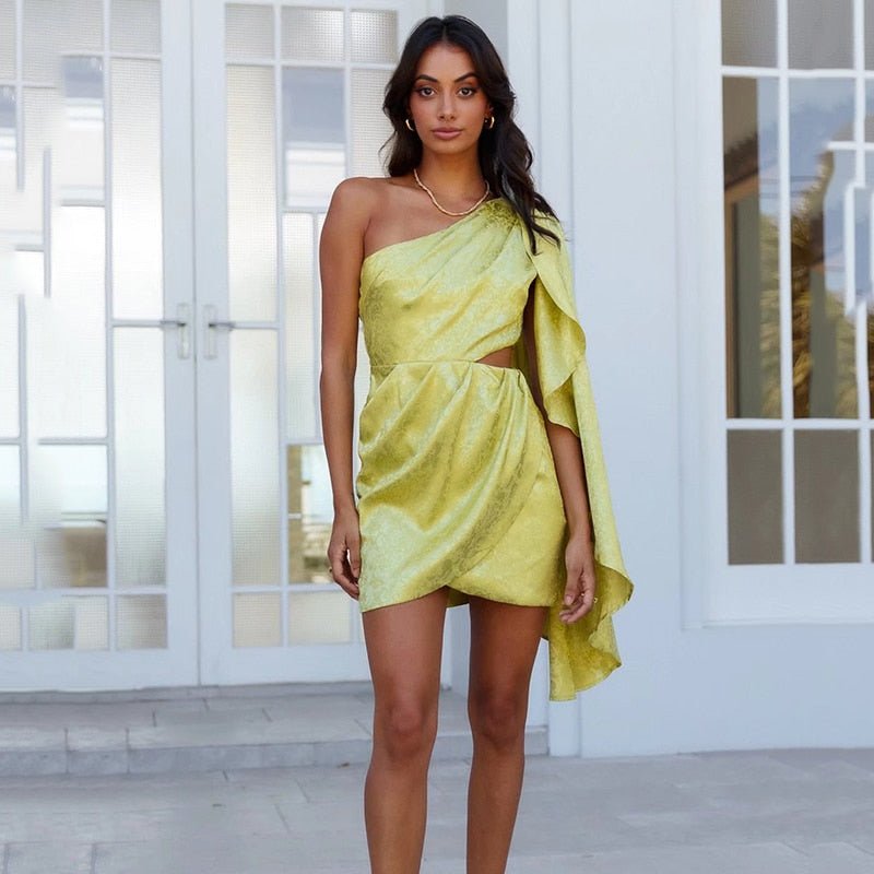 One Shoulder Cut Out Draped Wrap Tie Hip Satin Mini Dress