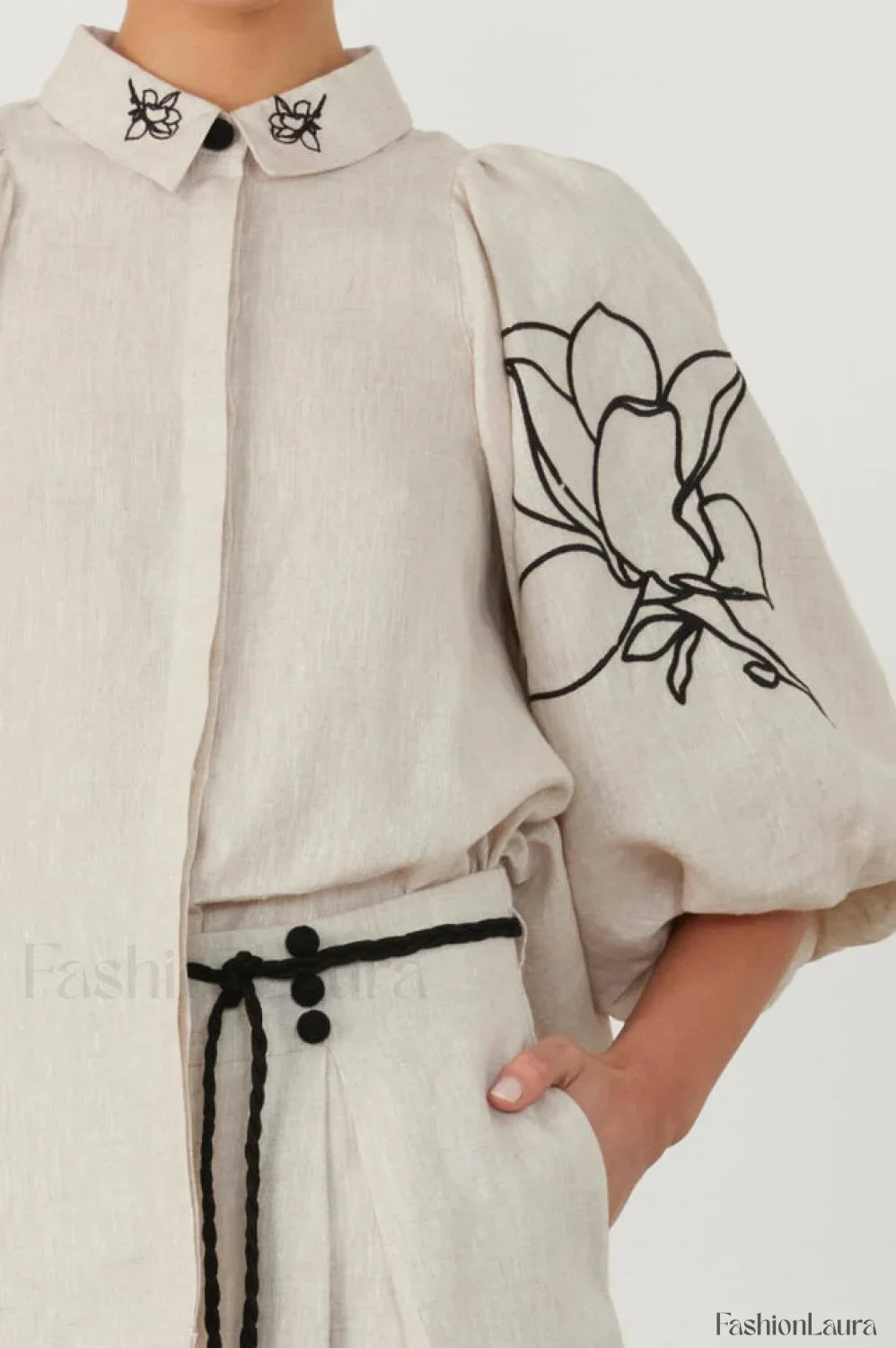 Lola Linen Embroidery Charming Shirt + Pants Set