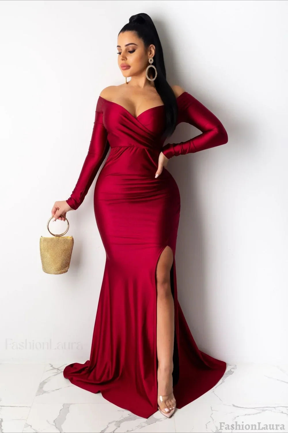 Long Sleeve Bodycon Maxi Formal Dress S / Red