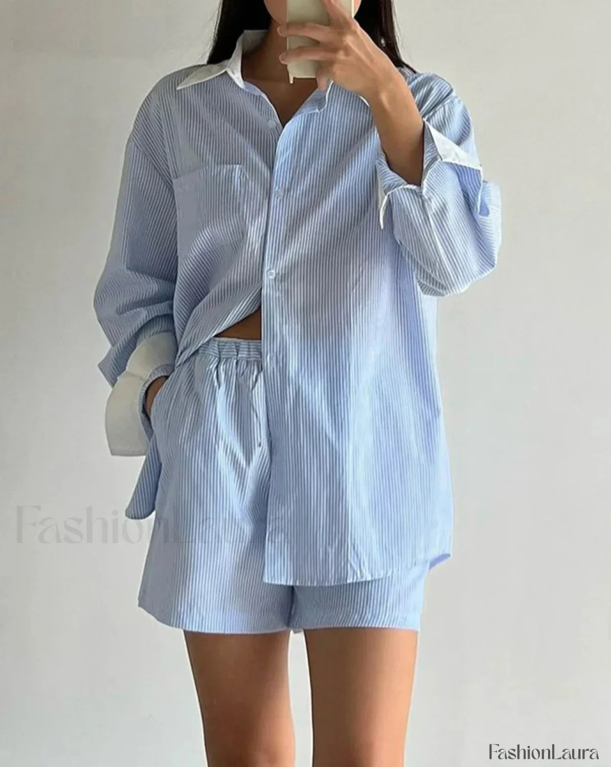 Long Sleeve Collar Pajama Shorts Two Piece Set