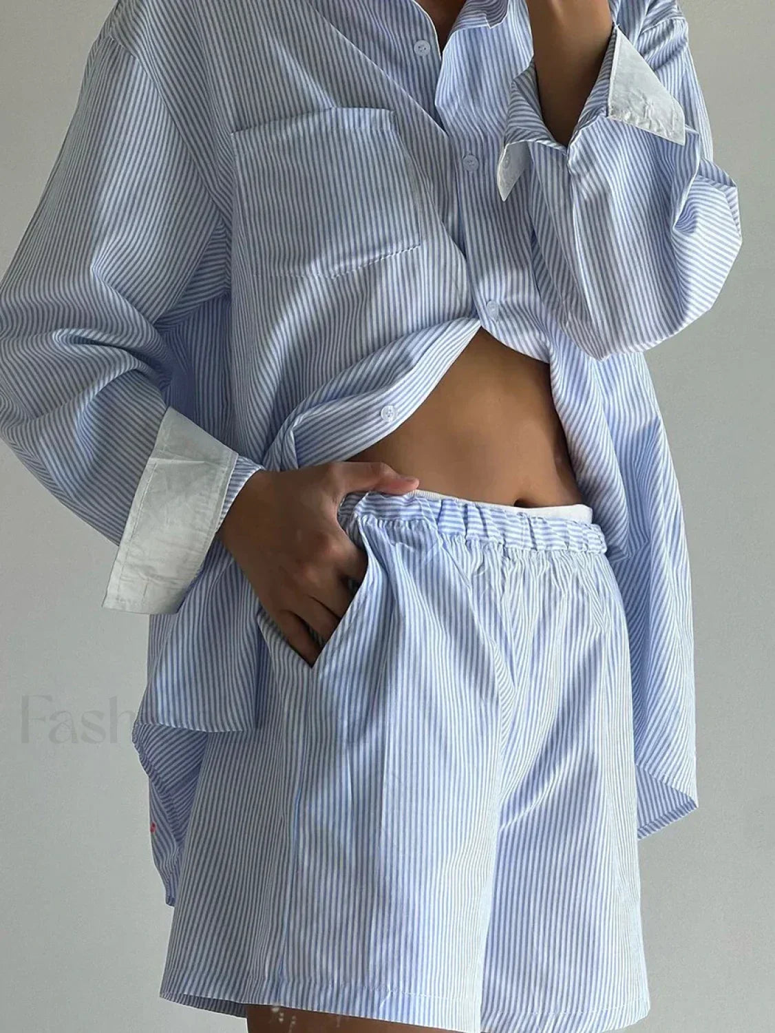 Long Sleeve Collar Pajama Shorts Two Piece Set