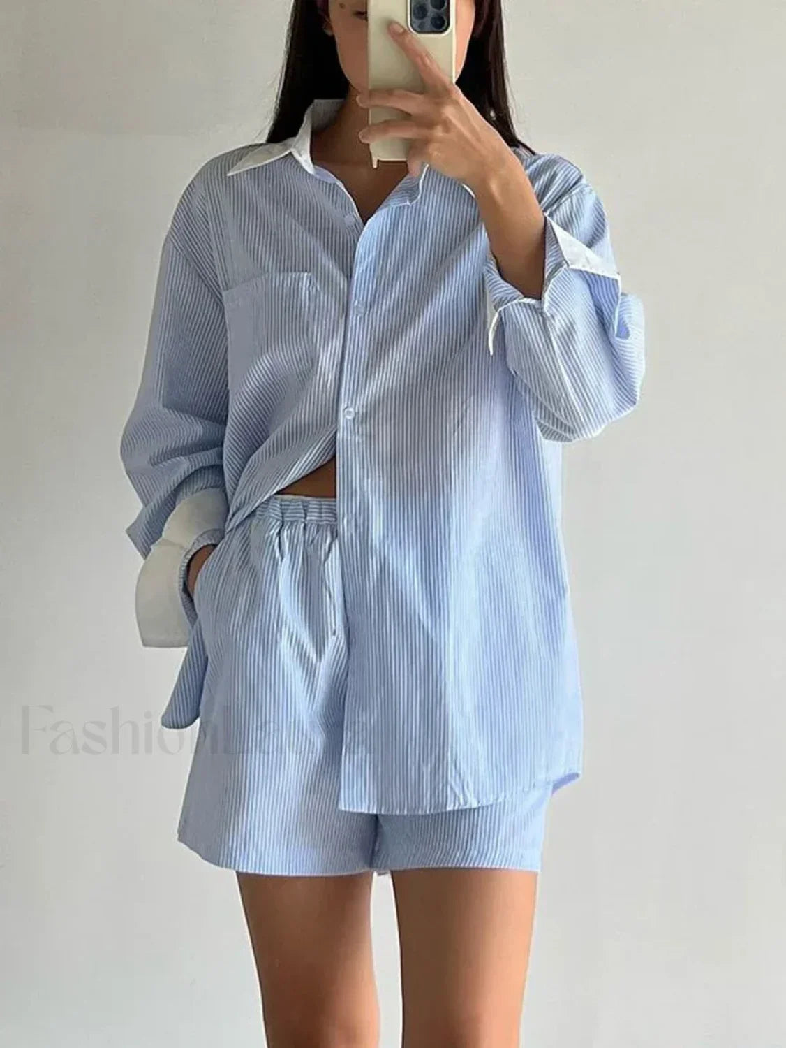 Long Sleeve Collar Pajama Shorts Two Piece Set Blue / S