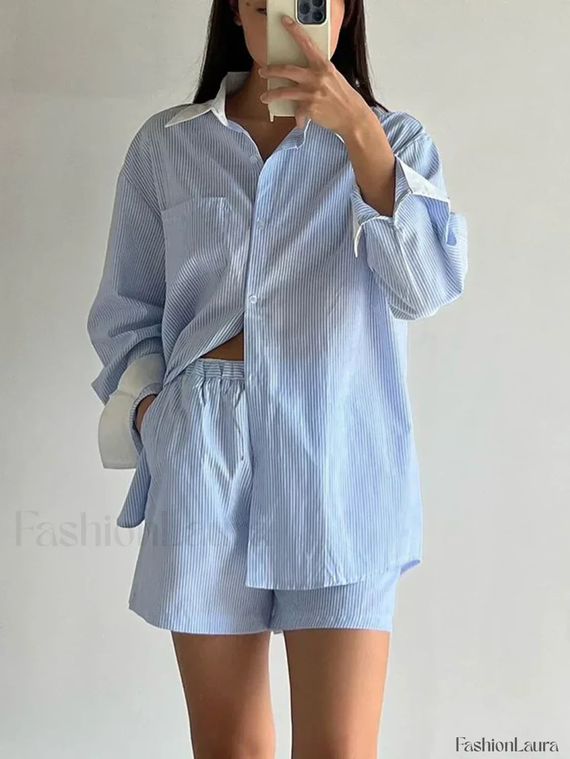 Long Sleeve Collar Pajama Shorts Two Piece Set