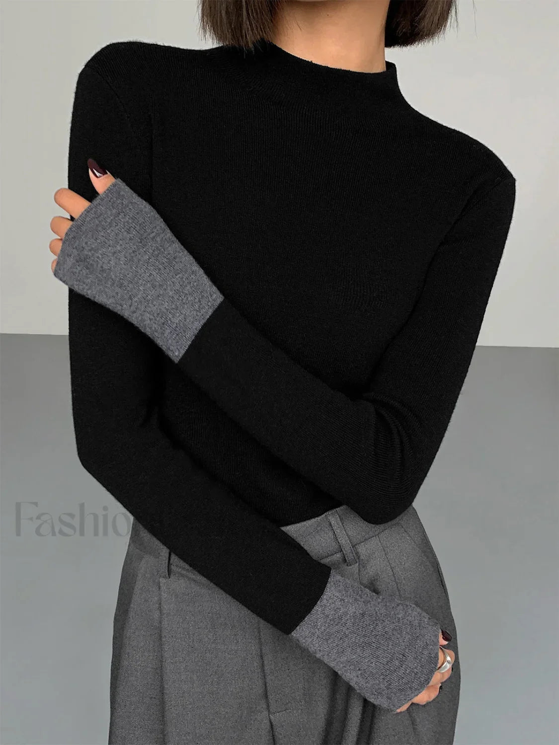 Long Sleeve Contrast Cuff Knit Top Black / XS Knit Tops
