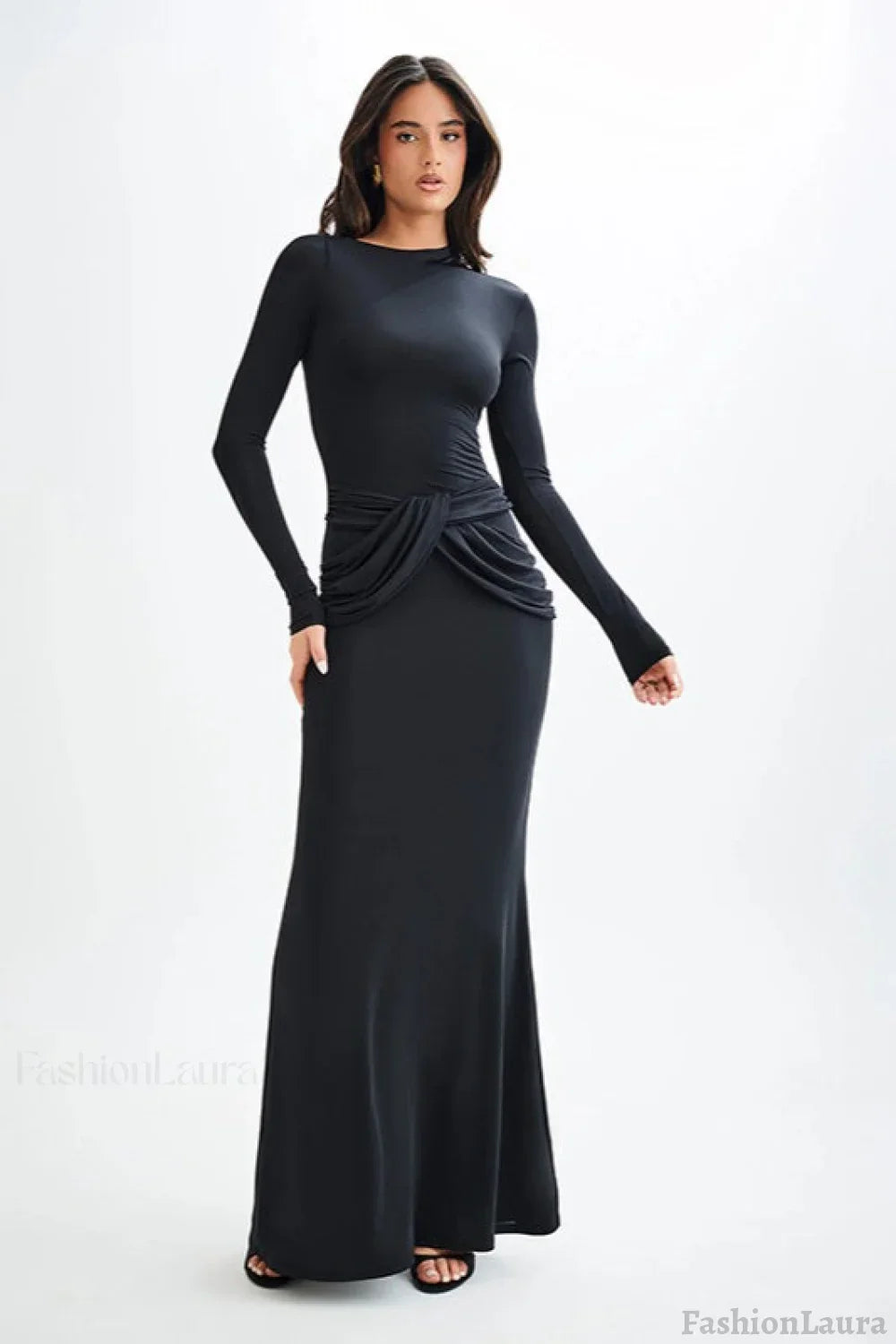 Long Sleeve Crew Neck Maxi Dress Black / S