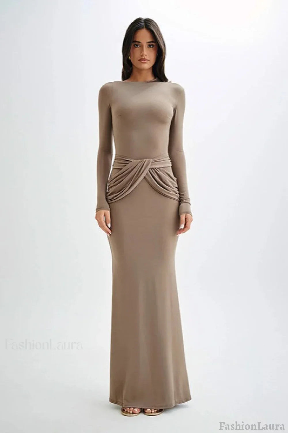 Long Sleeve Crew Neck Maxi Dress Khaki / S
