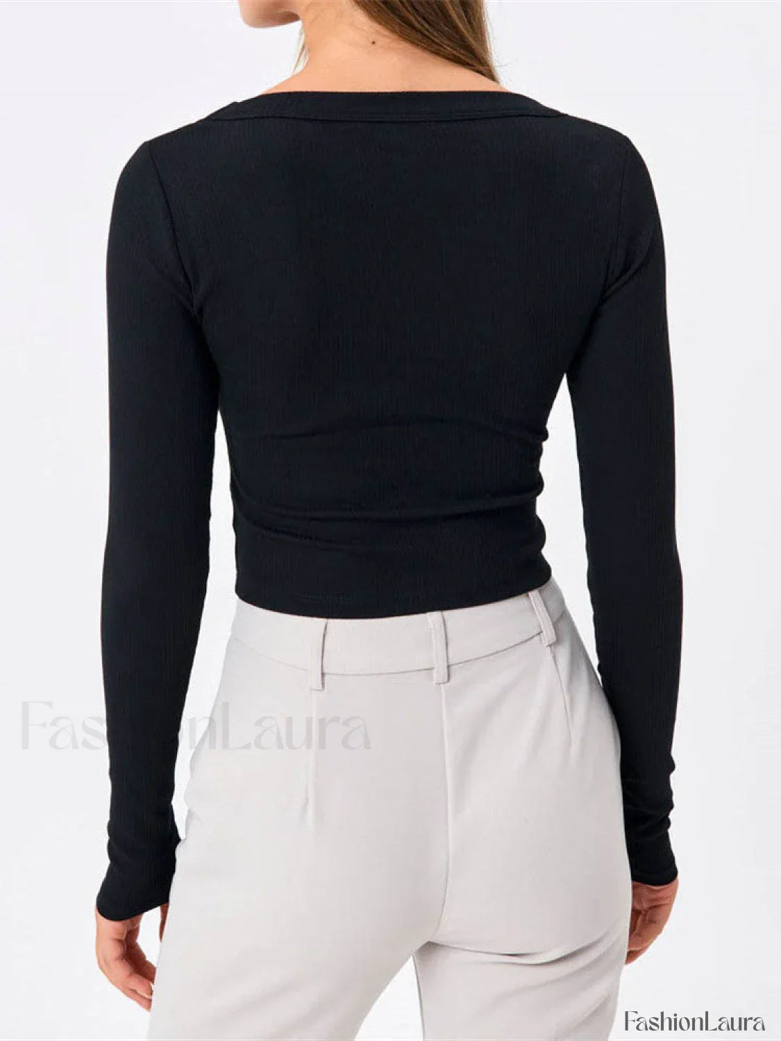 Long Sleeve Crew Trendy Neck Crop Shirt