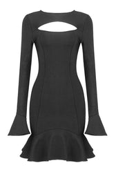 Long Sleeve Cutout Front Ruffle Hem Bandage Mini Dress - Black 3