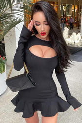 Long Sleeve Cutout Front Ruffle Hem Bandage Mini Dress - Black 2