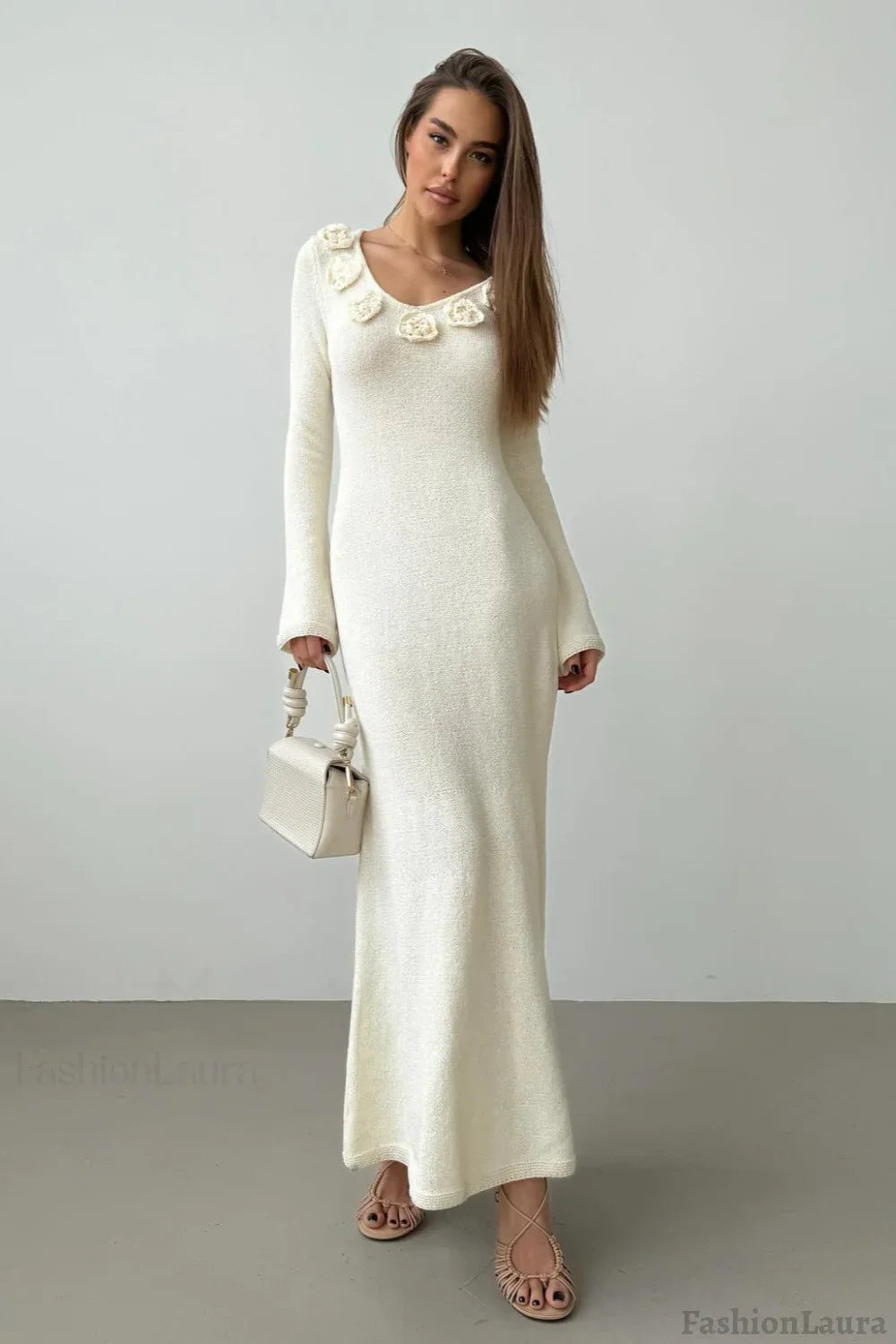 Long Sleeve Floral Maxi Sweater Dress S / White