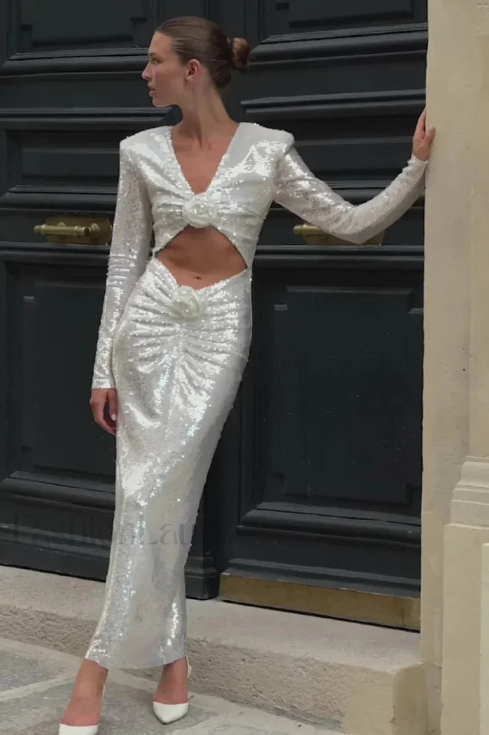 Long Sleeve Flower Charming Sequin Midi Dress