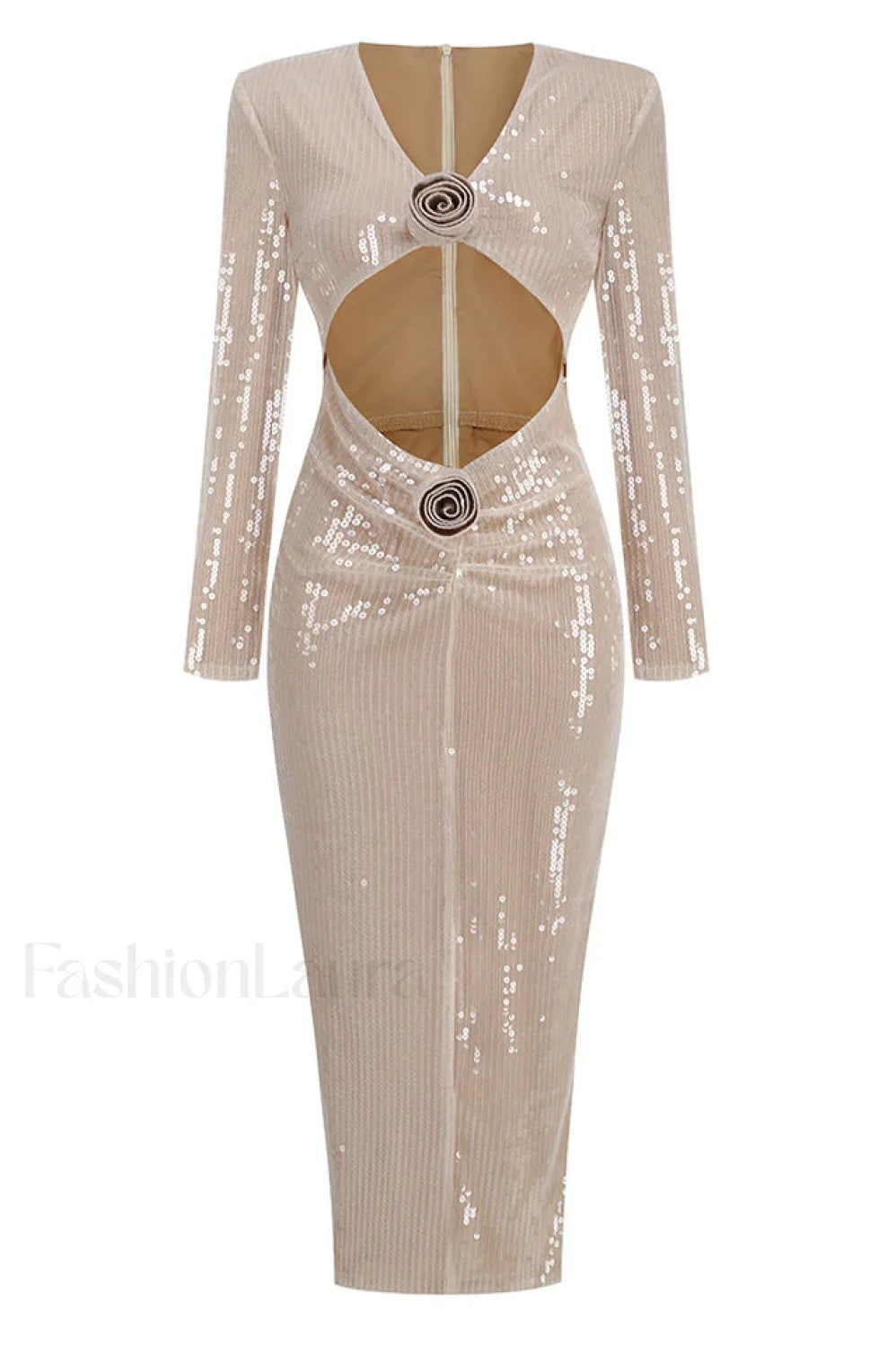 Long Sleeve Flower Charming Sequin Midi Dress