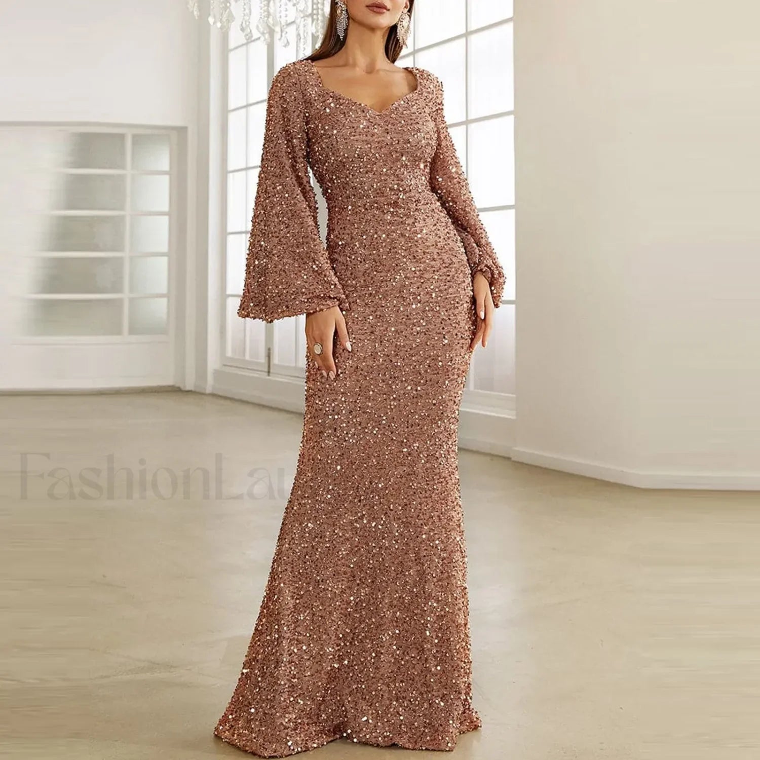 Long Sleeve For Women Pure Color Glitter Sparkly Sequin Floor Length Bodycon Vintage Slim Maxi Prom Dress Gold / S