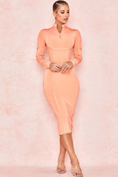 Long Sleeve High Neck Bandage Midi Dress - Orange 2