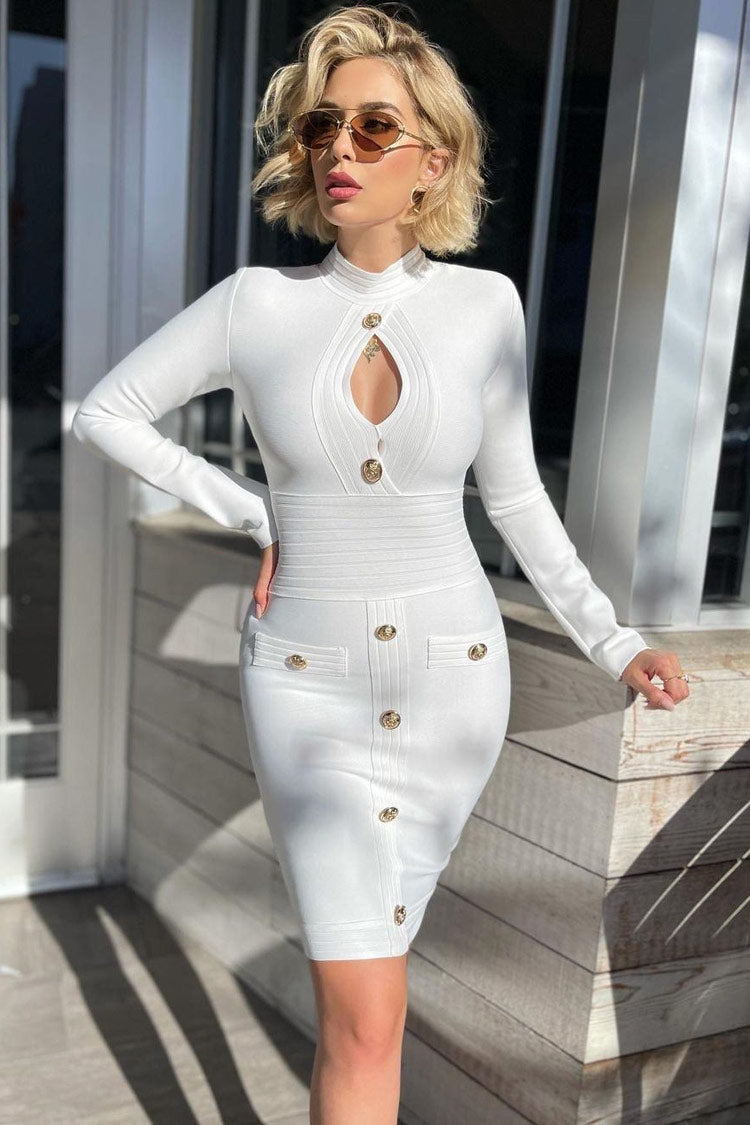 Long Sleeve High Neck Buttoned Front Cutout Bandage Midi Dress - White 2