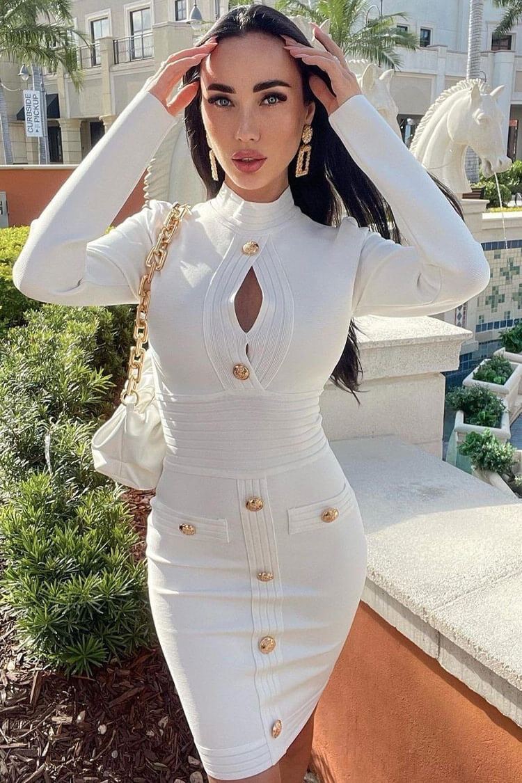 Mock Neck Long Sleeve Keyhole Cut Out Button Front Bandage Bodycon Dress