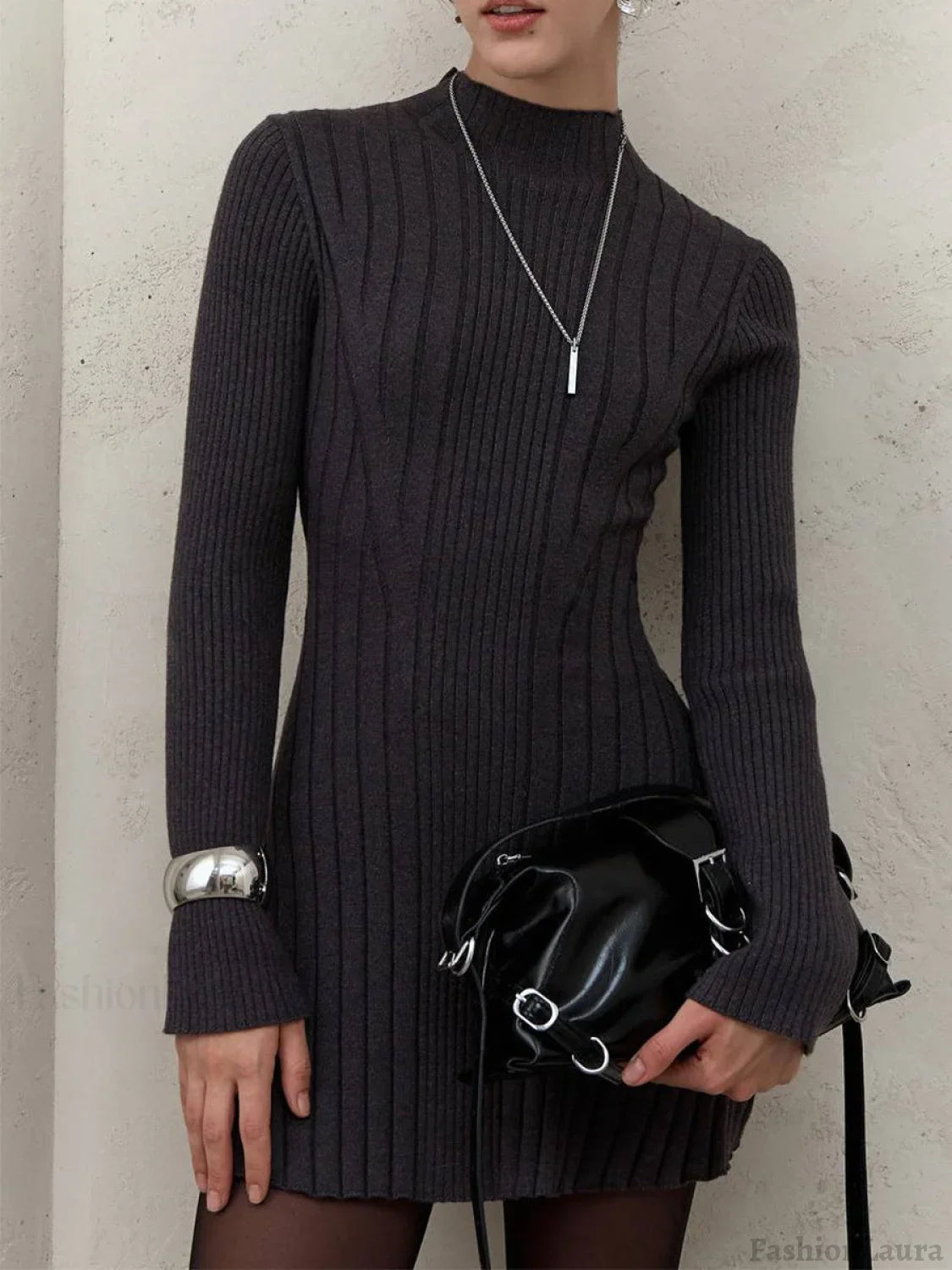 Long Sleeve High Neck Sweater Dress S / Black