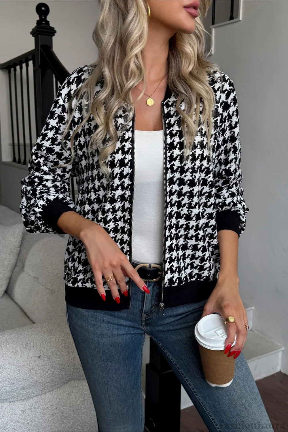 Long Sleeve Houndstooth Fitted Jacket