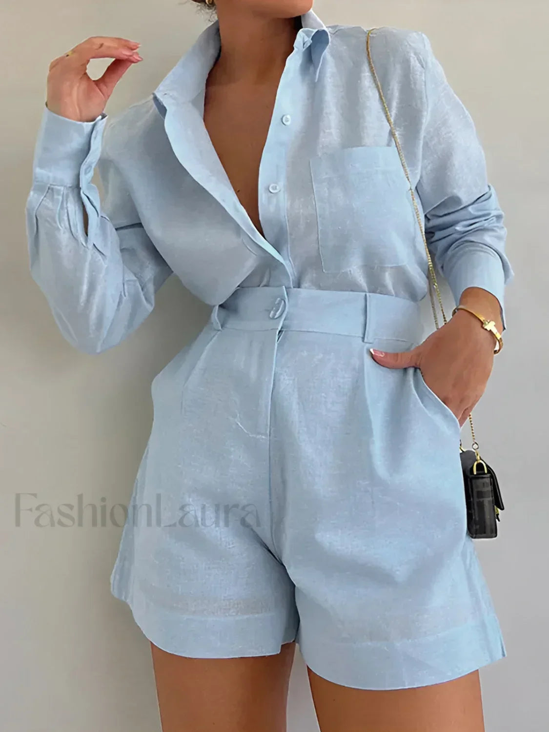 Long Sleeve Loose Shorts Set Blue / XS Short Sets