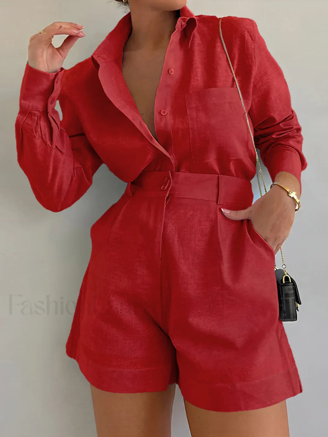 Long Sleeve Loose Shorts Set Red / XS Short Sets