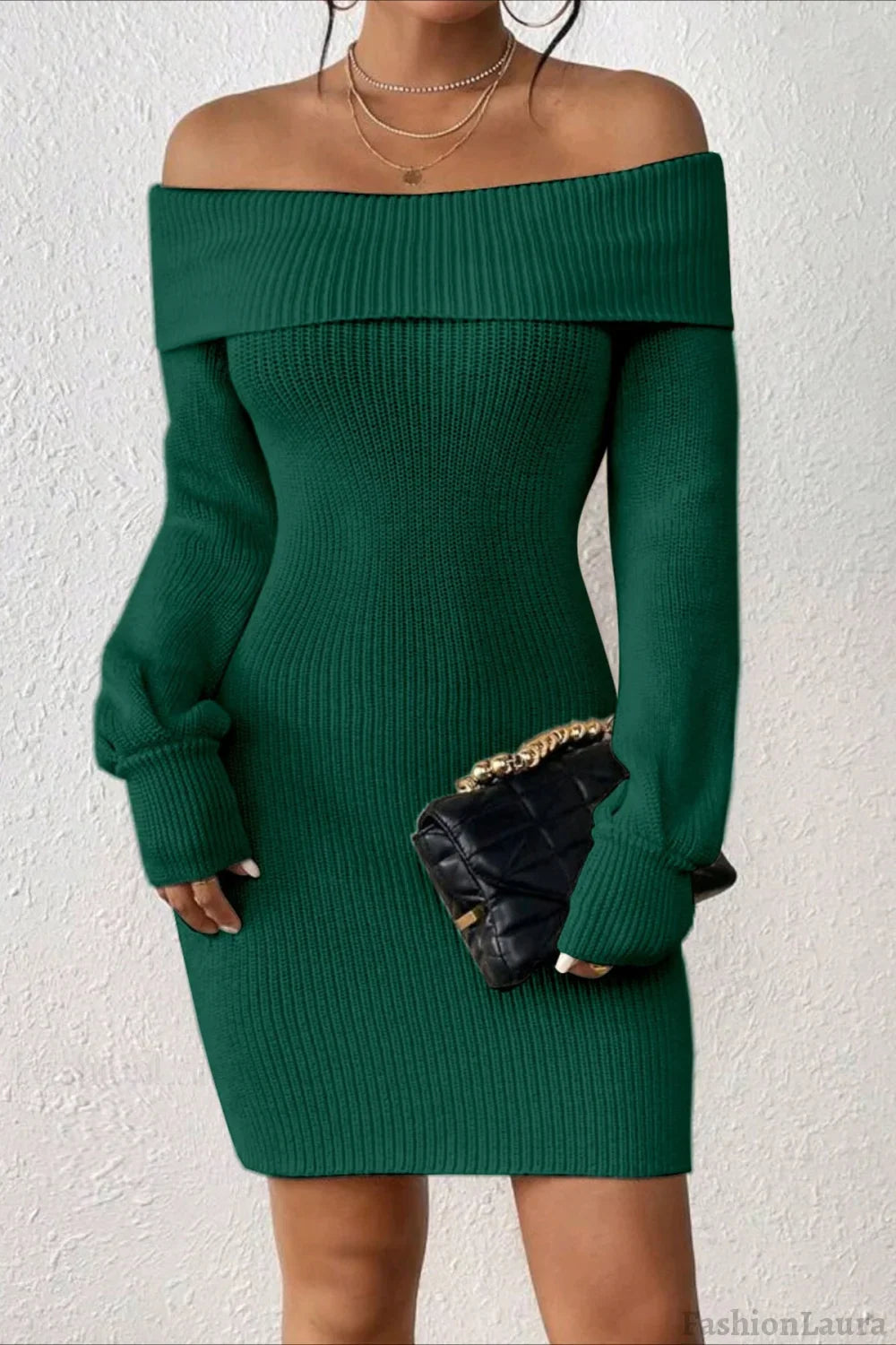 Long Sleeve Off Shoulder Slim Fit Knit Sweater Dress