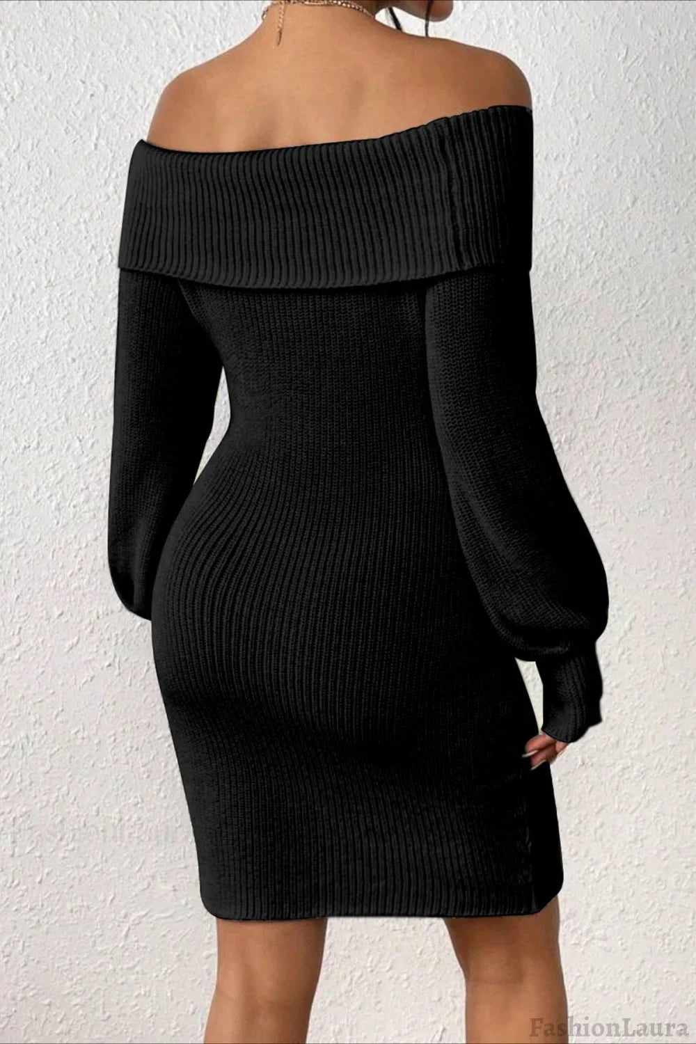Long Sleeve Off Shoulder Slim Fit Knit Sweater Dress S / Black
