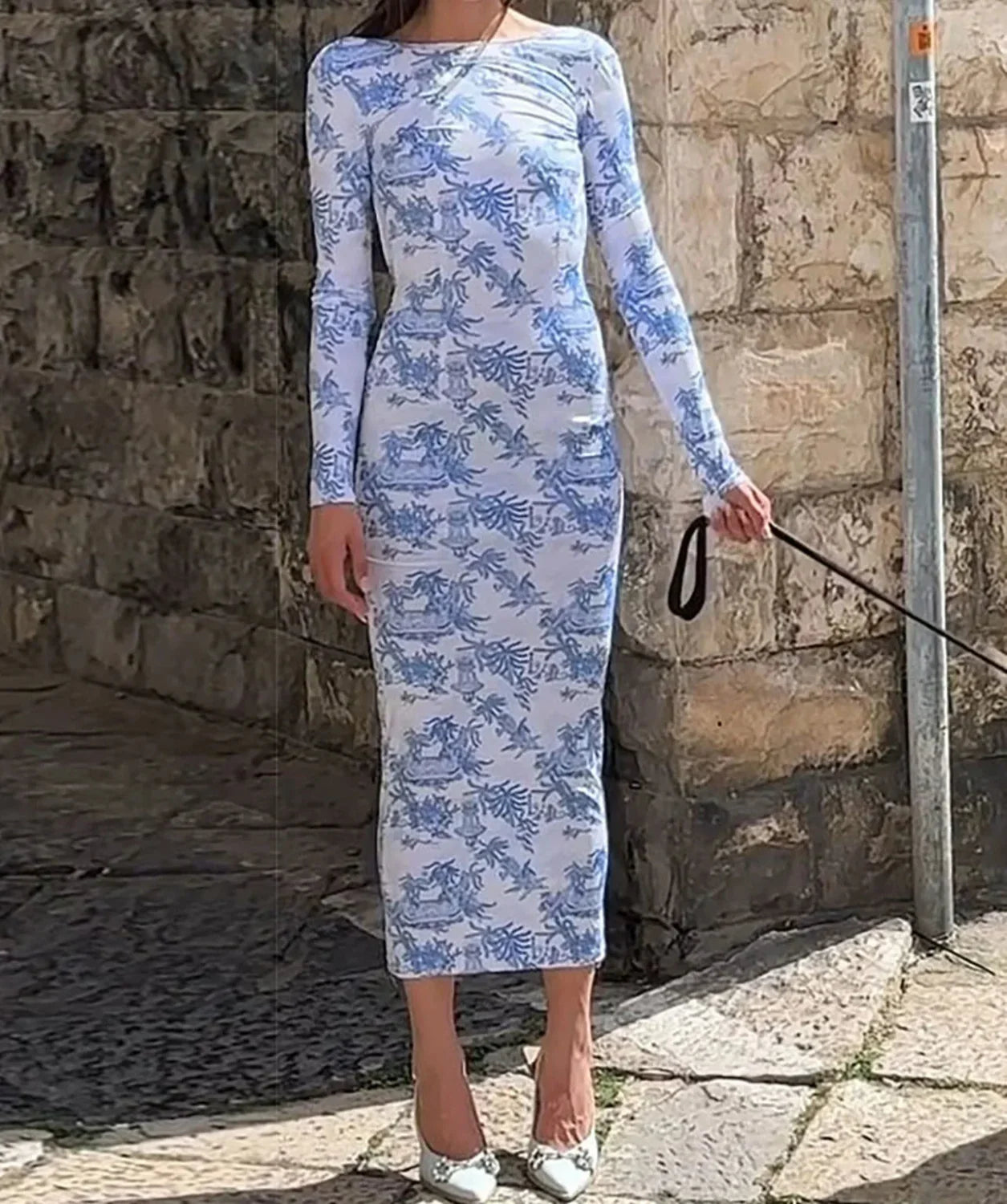 Long-Sleeve Printed Midi Dress